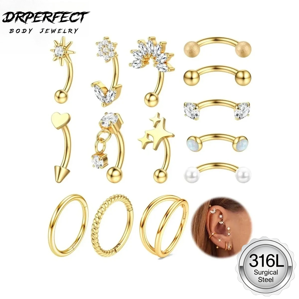 Eyebrow Curved Barbell - Drperfect 1 قطعة ثقب الحاجب 16